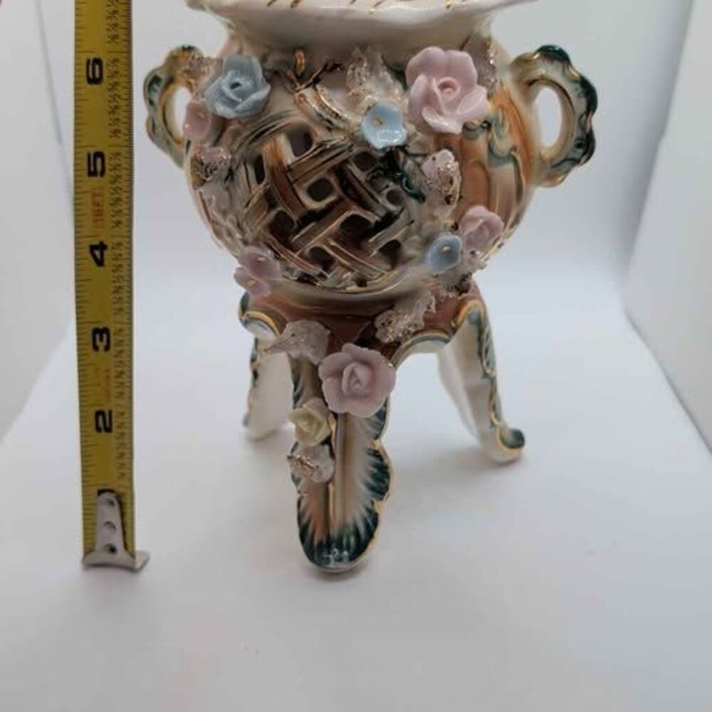 Vintage Ornate Floral Reticulated Porcelain Covered Urn Vase Gold Pink Blu Roses